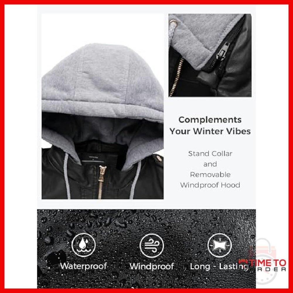 Lightweight PU Leather Motorcycle Jacket with Removable Hood & Pockets - Picture 6 of 8